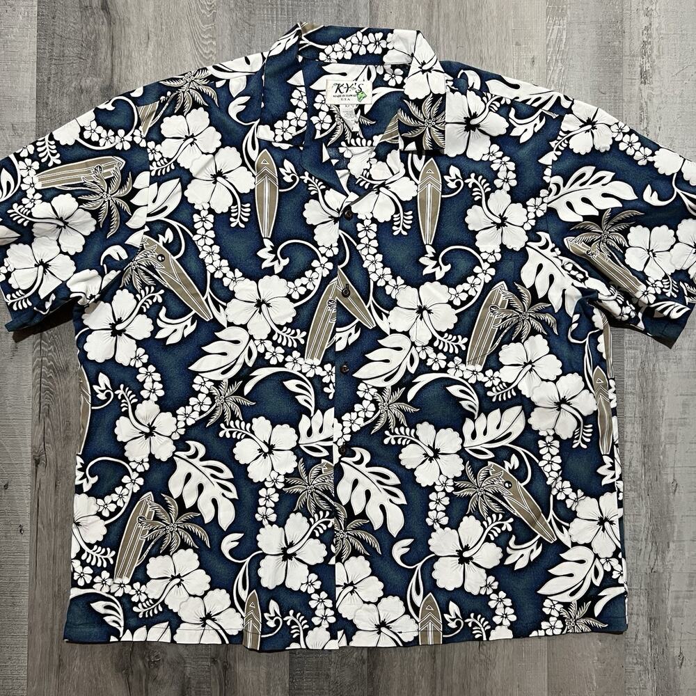 KY's Hawaiian Shirt Blue Floral Surf VTG Beach Hibiscus Hawaii Button Camp 3XL